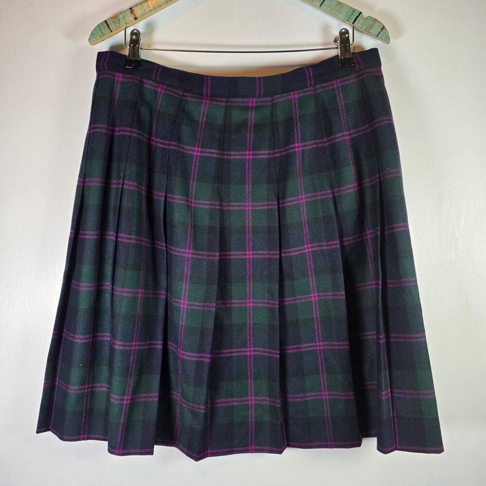 Vtg 90's Valerie Stevens Plaid PURE WOOL Pleated Button Green Purple Skirt - Picture 6 of 8